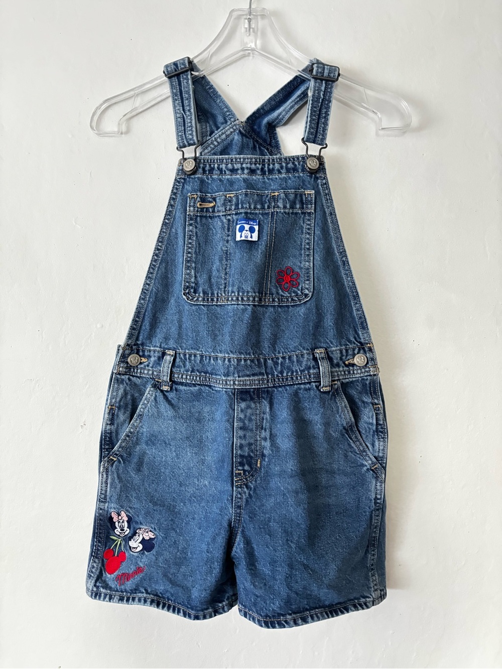 Old Navy Blue Denim Short Overalls with Embroidered Characters